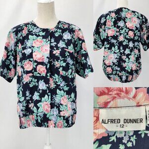Vtg 90s Alfred Dunner Women 12 Large Floral Banded Bottom Crinkle Blouse Pockets